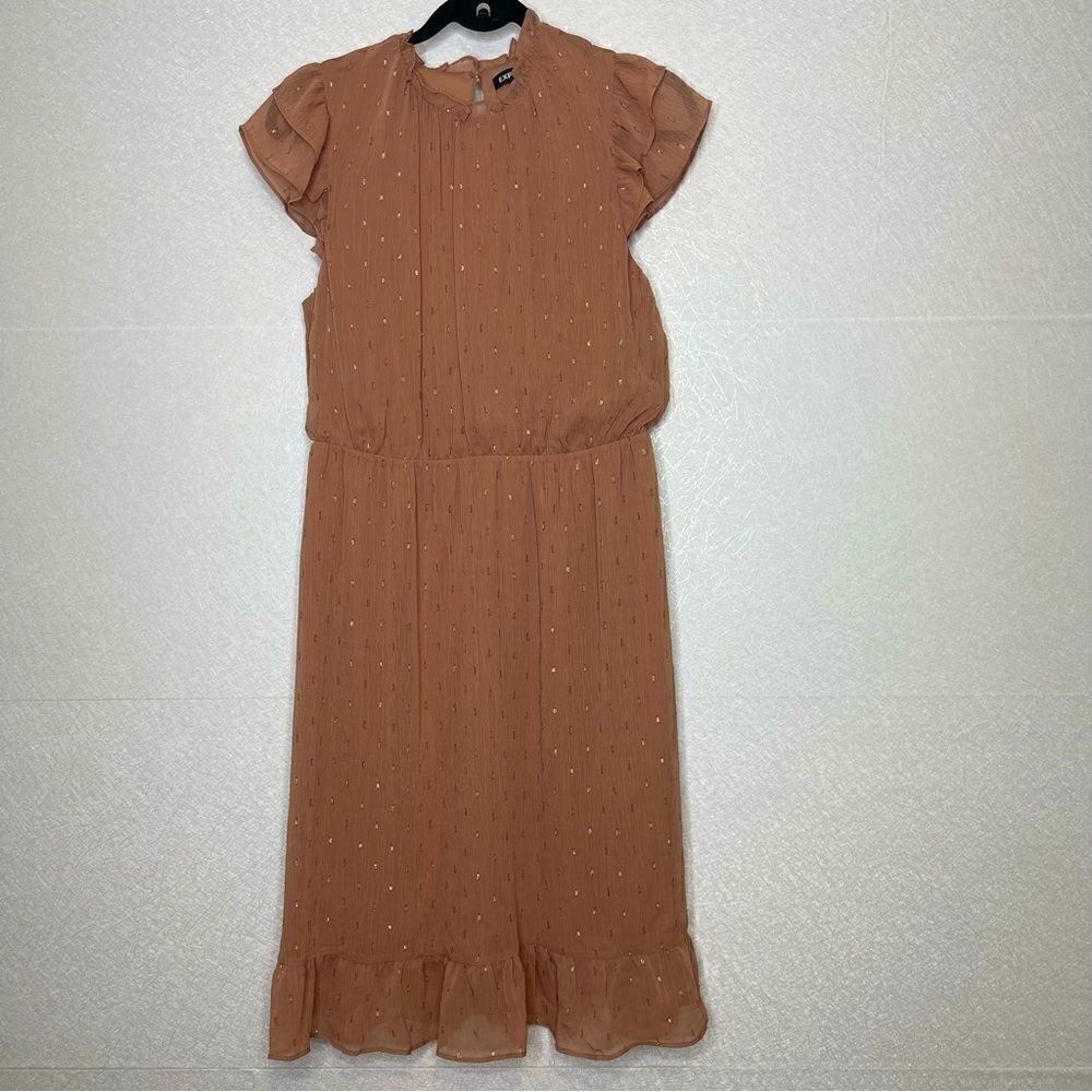 Express Ruffle Chiffon Metallic Foil Short Sleeve Mauve Dress M